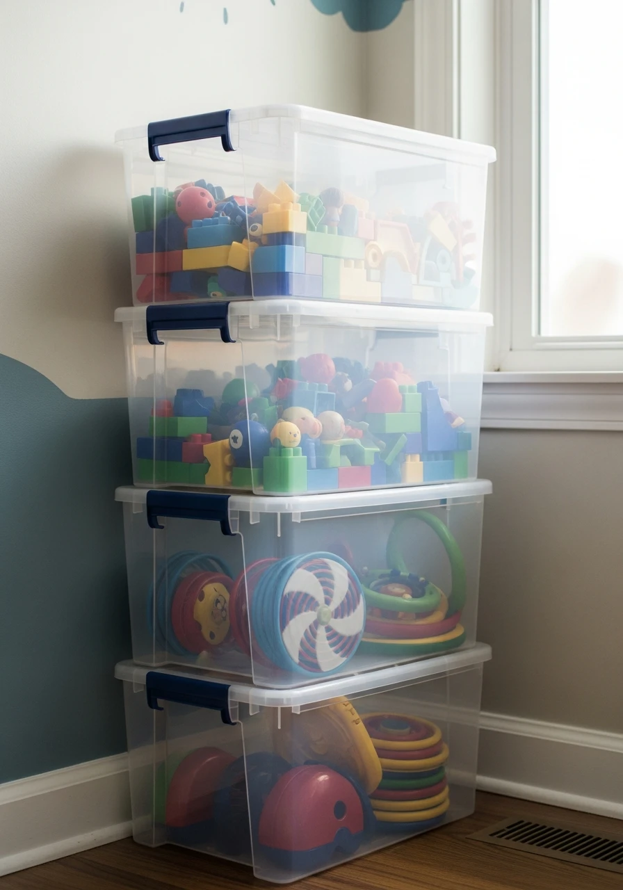 Stackable Clear Plastic Totes - 40 Genius Playroom Storage Ideas for a Tidy Home