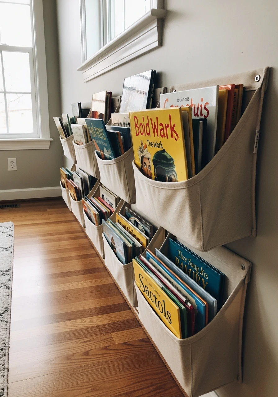 Fabric Book Sling - 40 Genius Playroom Storage Ideas for a Tidy Home