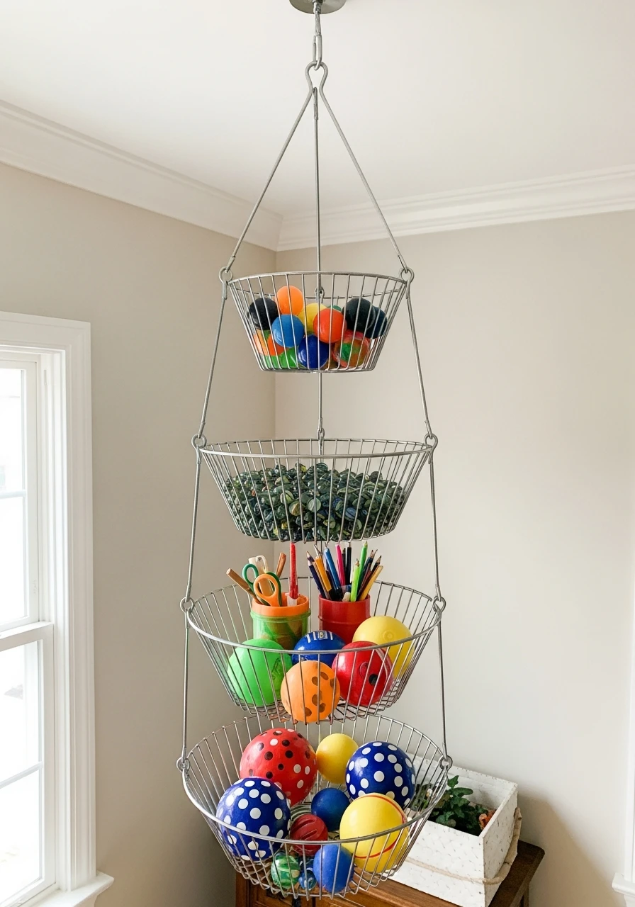 Hanging Fruit Baskets - 40 Genius Playroom Storage Ideas for a Tidy Home