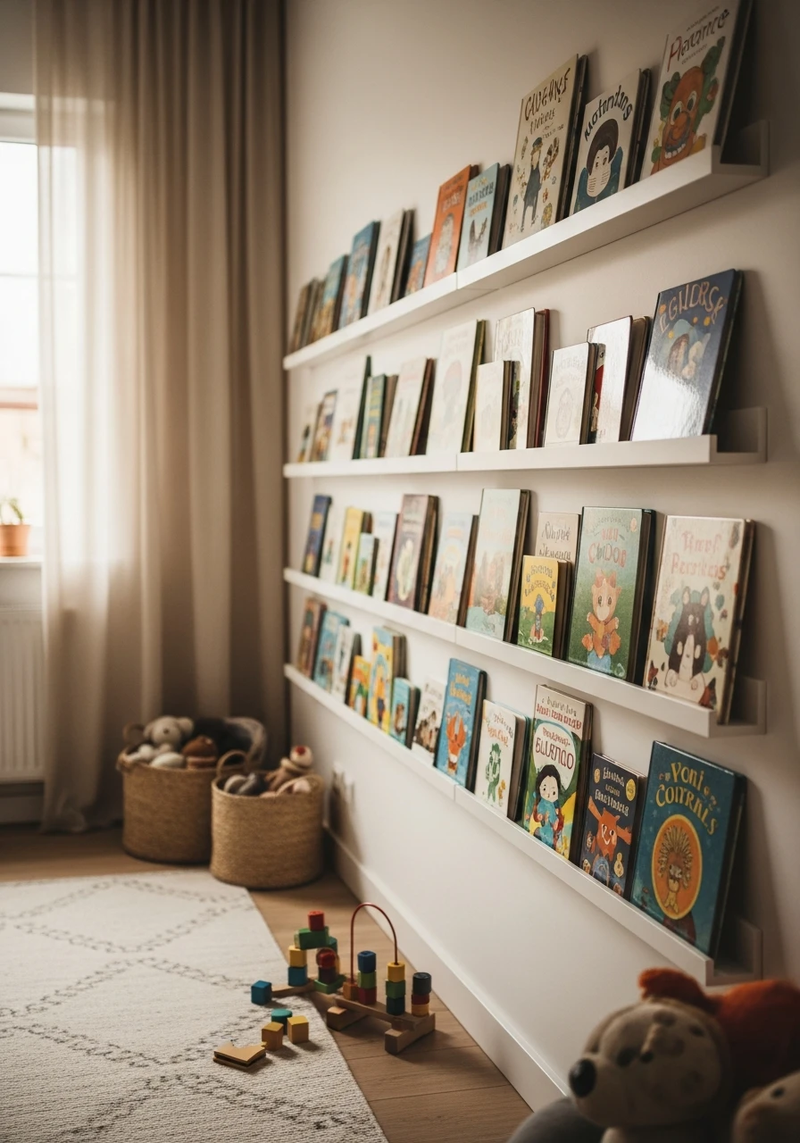 Skinny Book Ledge Display - 40 Genius Playroom Storage Ideas for a Tidy Home