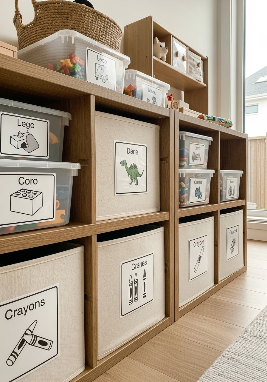 Label Every Container - 40 Genius Playroom Storage Ideas for a Tidy Home