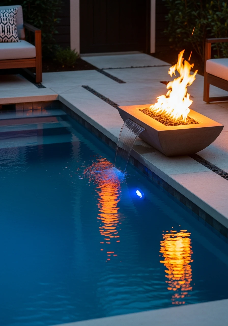Water and Fire Contrast - 50 Small Backyard Pool Ideas That Look High-End (Even on a Budget)