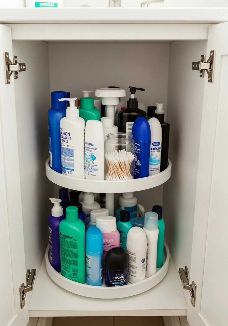 Try A Rotating Turntable - 50 Genius Small Bathroom Storage Ideas That Look High-End