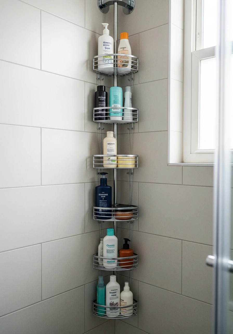 Tension Pole Corner Caddy - 50 Genius Small Bathroom Storage Ideas That Look High-End