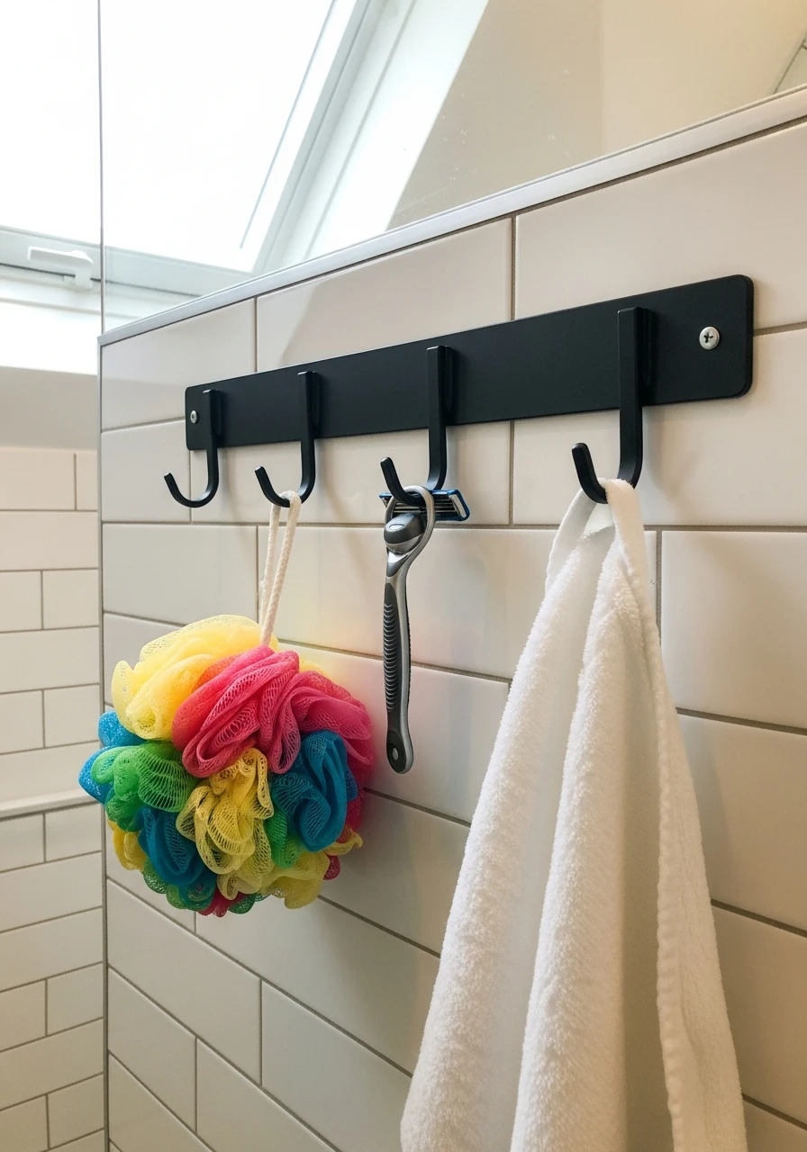 Install Multi-Hook Bar - 50 Genius Small Bathroom Storage Ideas That Look High-End