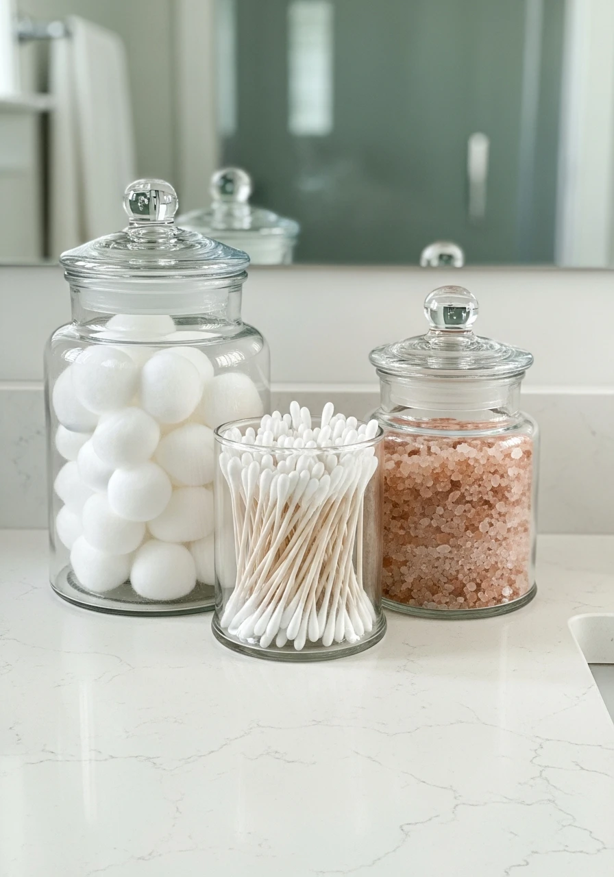 Clear Jars For Essentials - 50 Genius Small Bathroom Storage Ideas That Look High-End