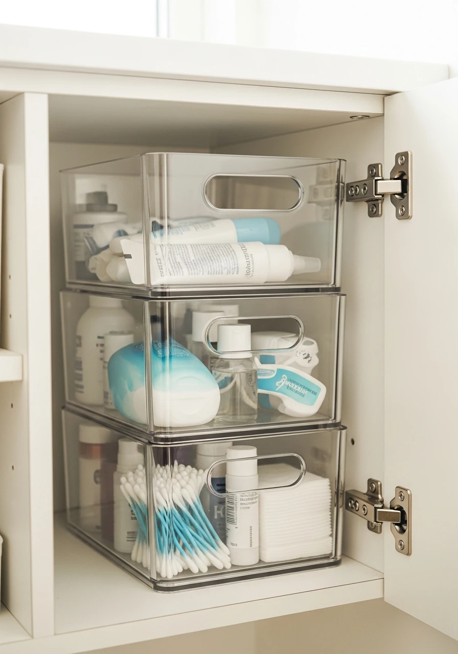 Use Stackable Clear Bins - 50 Genius Small Bathroom Storage Ideas That Look High-End