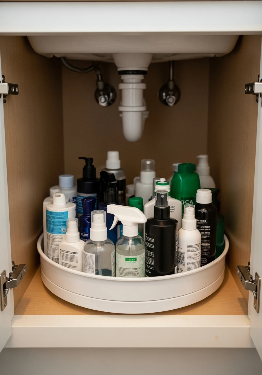 Try A Lazy Susan - 50 Genius Small Bathroom Storage Ideas That Look High-End