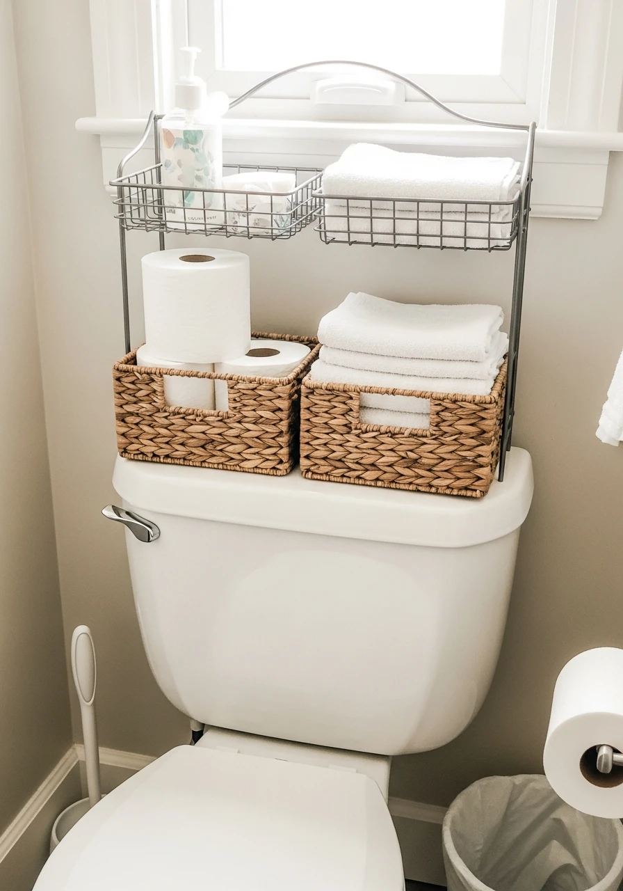 Baskets Above Toilet Tank - 50 Genius Small Bathroom Storage Ideas That Look High-End