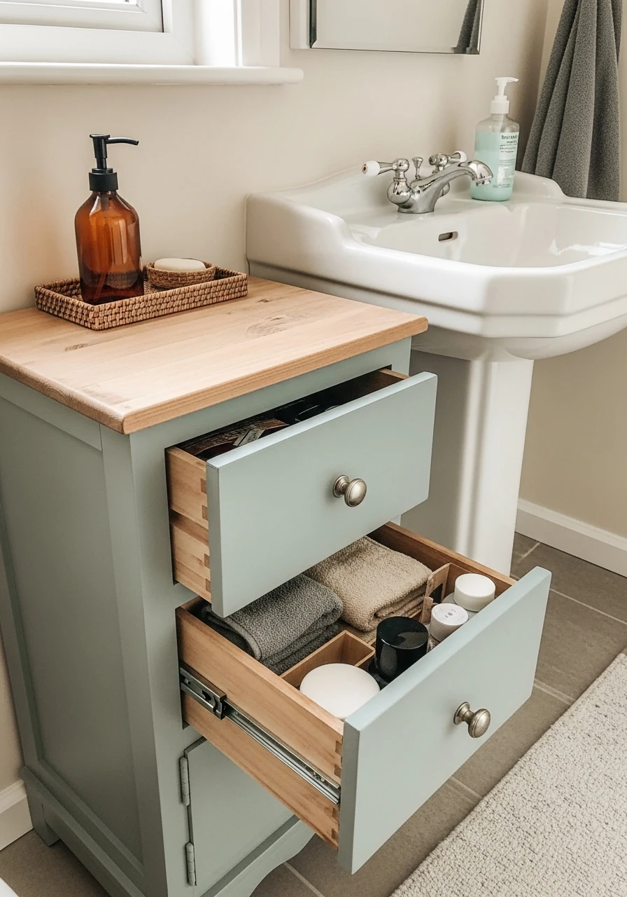 Use Old Nightstand Storage - 50 Genius Small Bathroom Storage Ideas That Look High-End