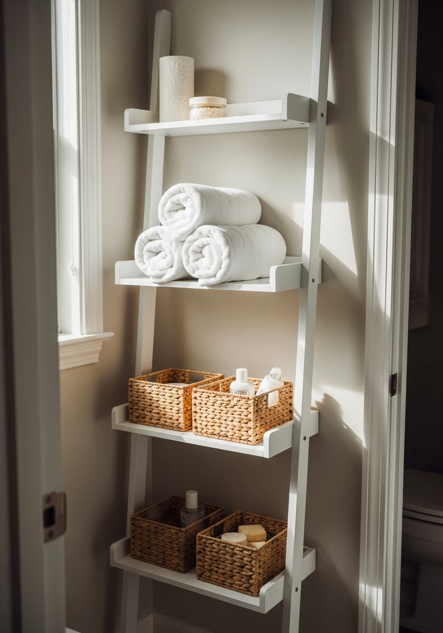 Lean A Ladder Shelf - 50 Genius Small Bathroom Storage Ideas That Look High-End