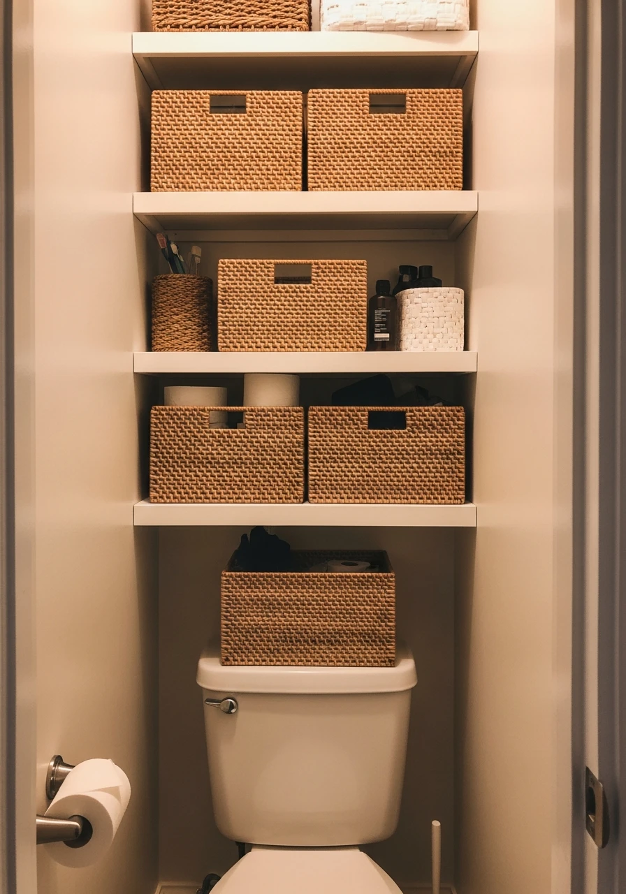 Woven Bins Hide Clutter - 50 Genius Small Bathroom Storage Ideas That Look High-End