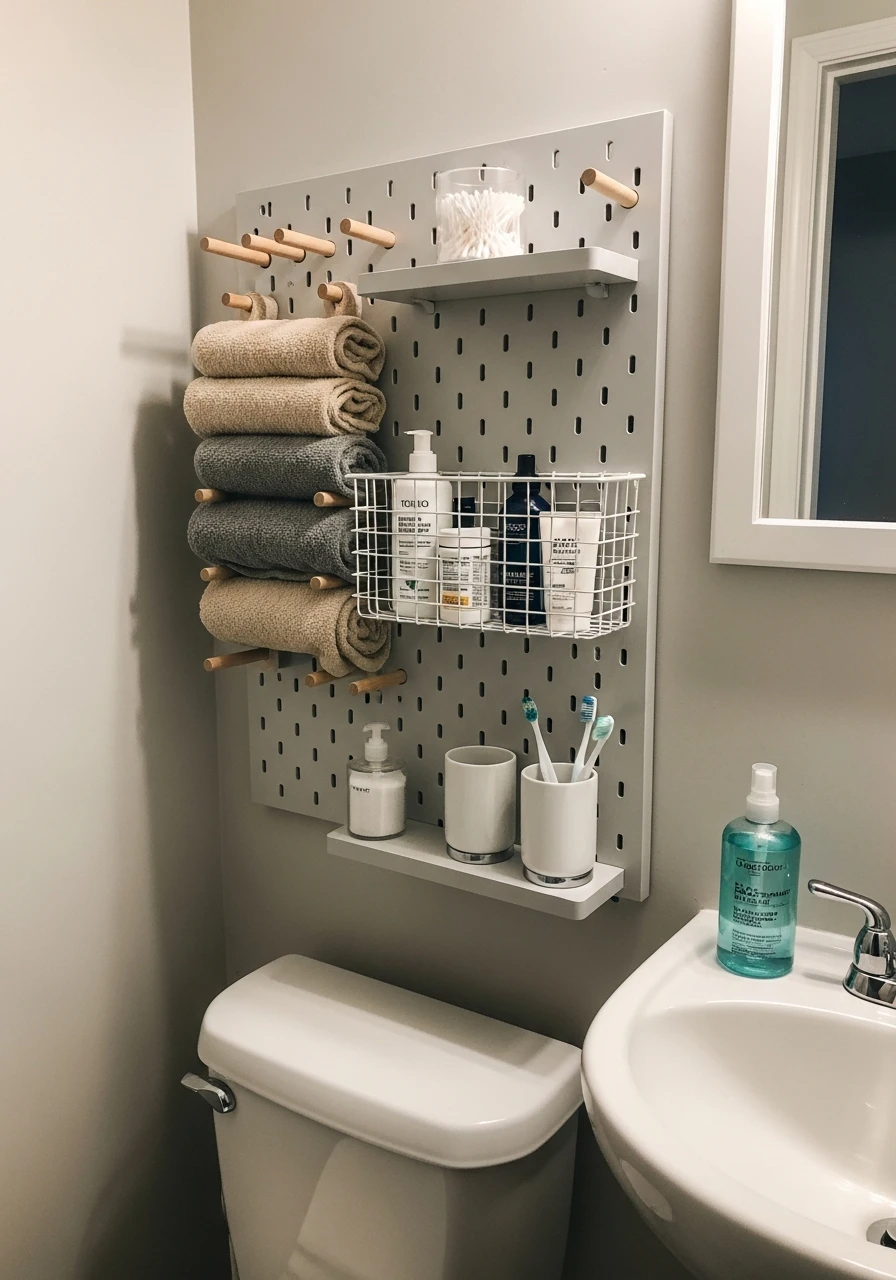 Install Custom Pegboard Wall - 50 Genius Small Bathroom Storage Ideas That Look High-End
