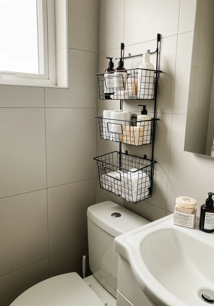 Hang Open Wire Baskets - 50 Genius Small Bathroom Storage Ideas That Look High-End