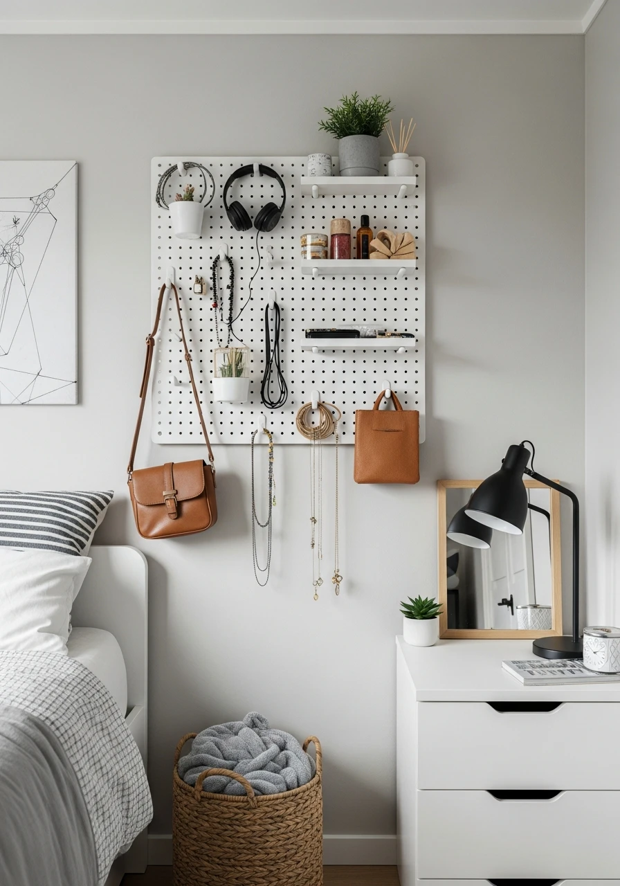 Pegboard Wall Organizer - 50 Smart Small Bedroom Storage Ideas for a Clutter-Free Space
