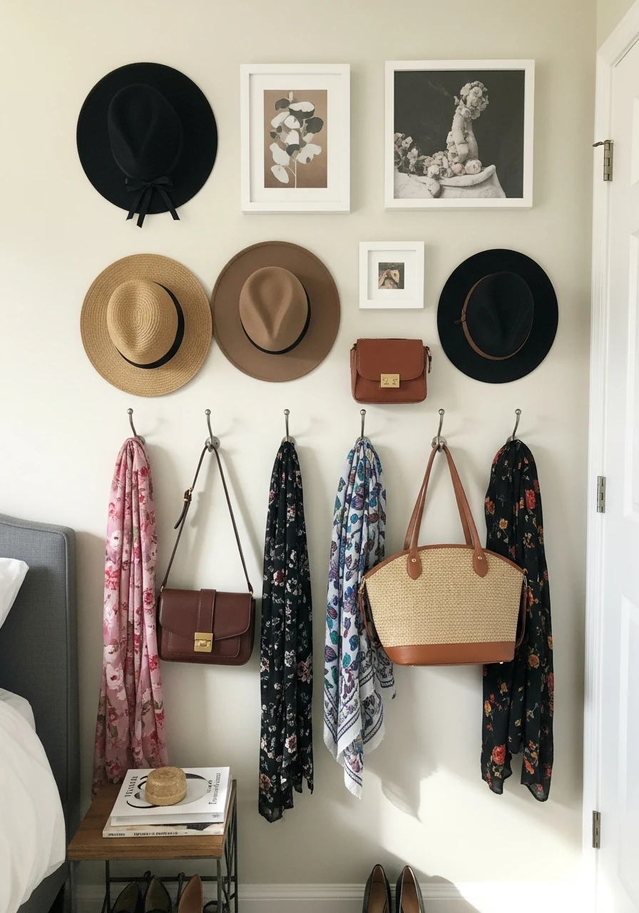 Hooks Gallery Wall - 50 Smart Small Bedroom Storage Ideas for a Clutter-Free Space