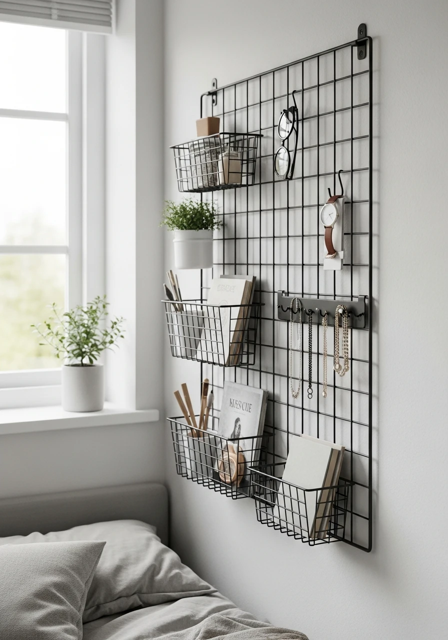 Wall Grid With Baskets - 50 Smart Small Bedroom Storage Ideas for a Clutter-Free Space