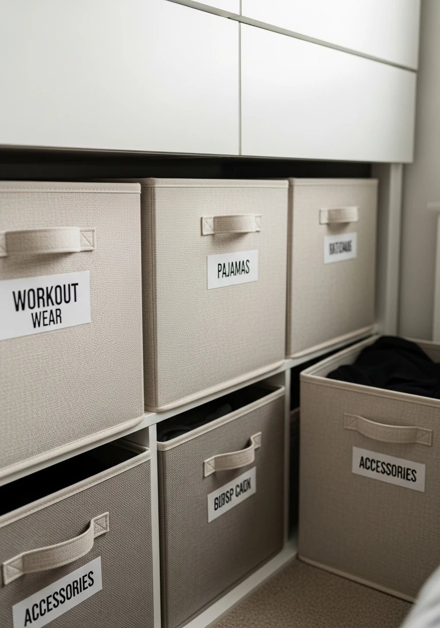 Labeled Fabric Bins - 50 Smart Small Bedroom Storage Ideas for a Clutter-Free Space