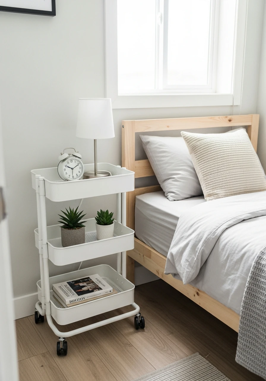 Rolling Cart Nightstand - 50 Smart Small Bedroom Storage Ideas for a Clutter-Free Space