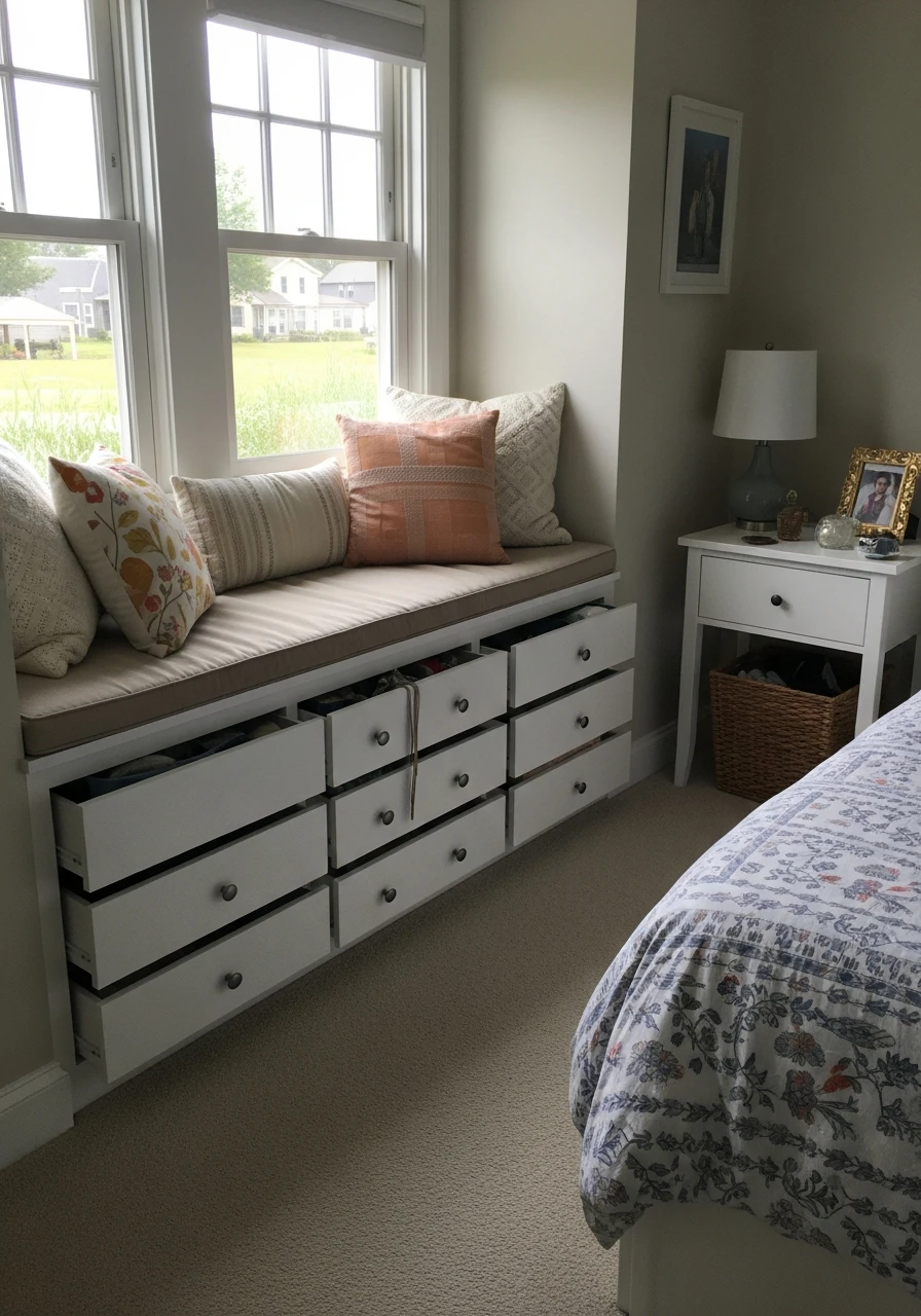 Window Seat With Drawers - 50 Smart Small Bedroom Storage Ideas for a Clutter-Free Space