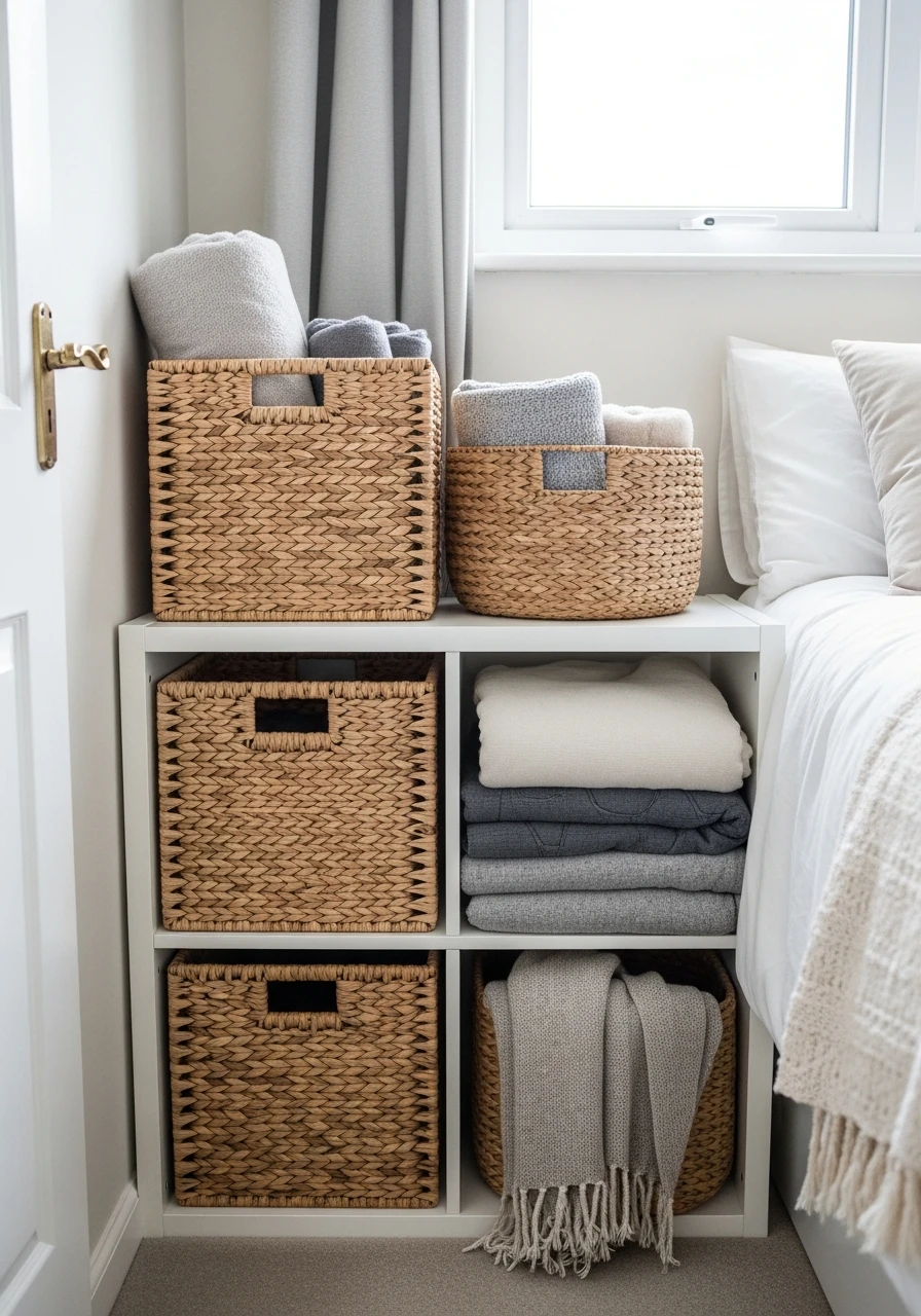 Neutral Woven Baskets - 50 Smart Small Bedroom Storage Ideas for a Clutter-Free Space