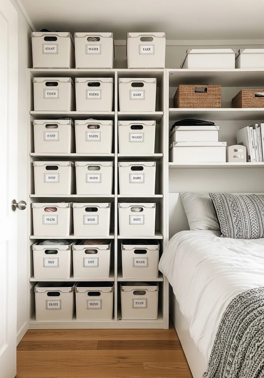 Open Shelving & Bins - 50 Smart Small Bedroom Storage Ideas for a Clutter-Free Space
