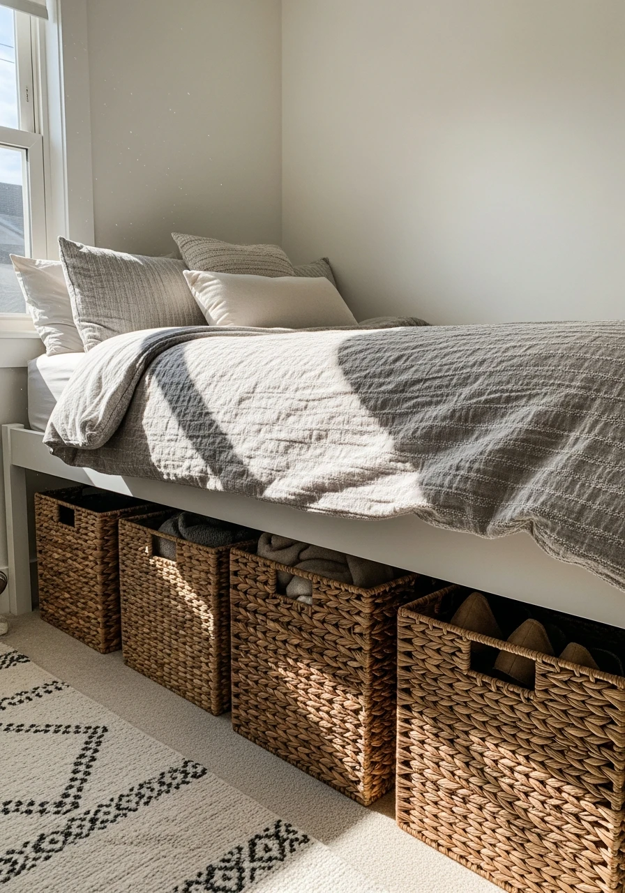 Woven Under-Bed Baskets - 50 Smart Small Bedroom Storage Ideas for a Clutter-Free Space