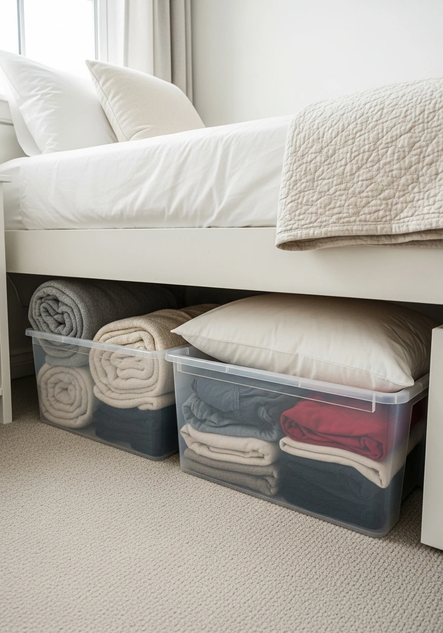Bins Under Bed - 50 Genius Small Guest Bedroom Ideas That Maximize Space