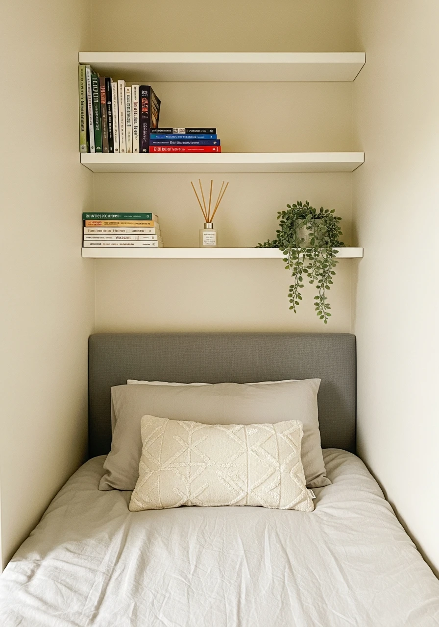 Shelves Above Bed - 50 Genius Small Guest Bedroom Ideas That Maximize Space