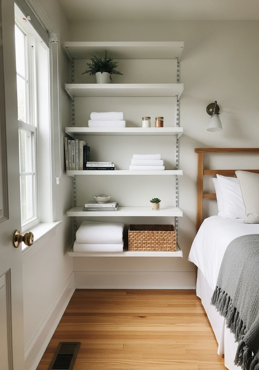 Open Shelves, No Dresser - 50 Genius Small Guest Bedroom Ideas That Maximize Space