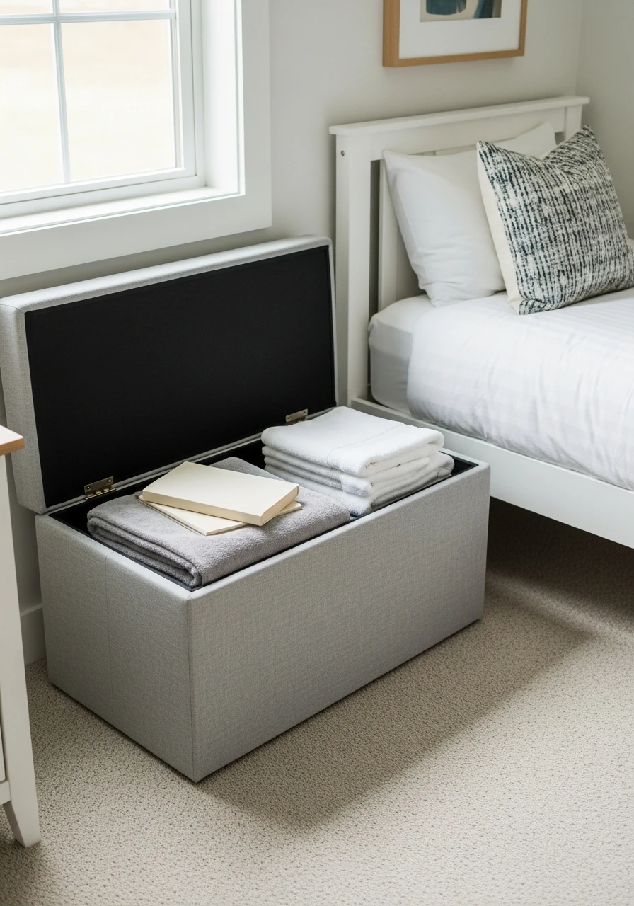 Storage Ottoman Seat - 50 Genius Small Guest Bedroom Ideas That Maximize Space