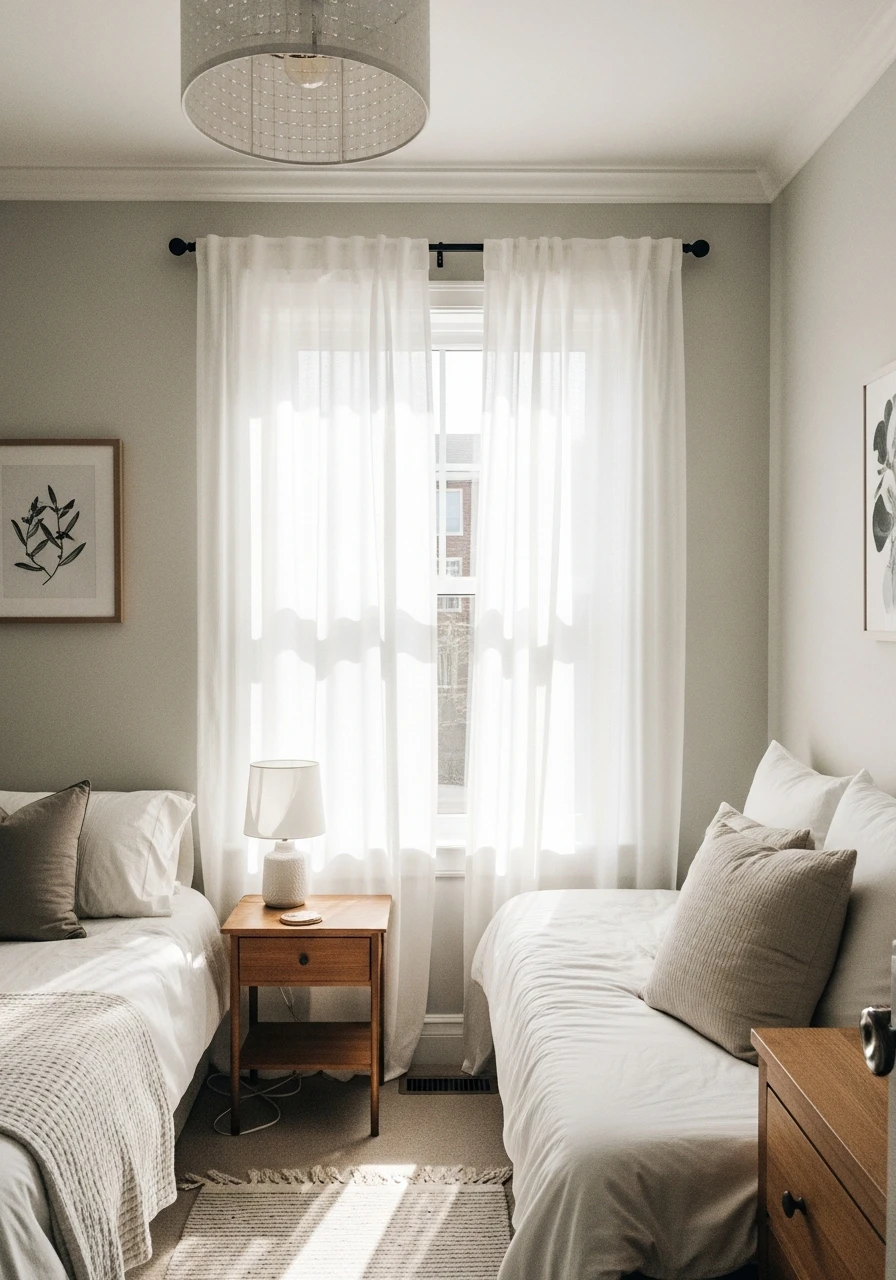 Sheer Light Curtains - 50 Genius Small Guest Bedroom Ideas That Maximize Space