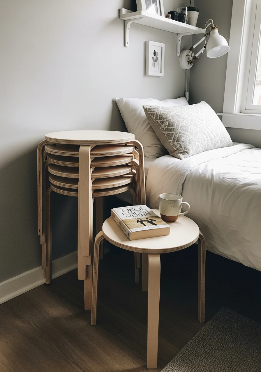 Stackable Stools - 50 Genius Small Guest Bedroom Ideas That Maximize Space