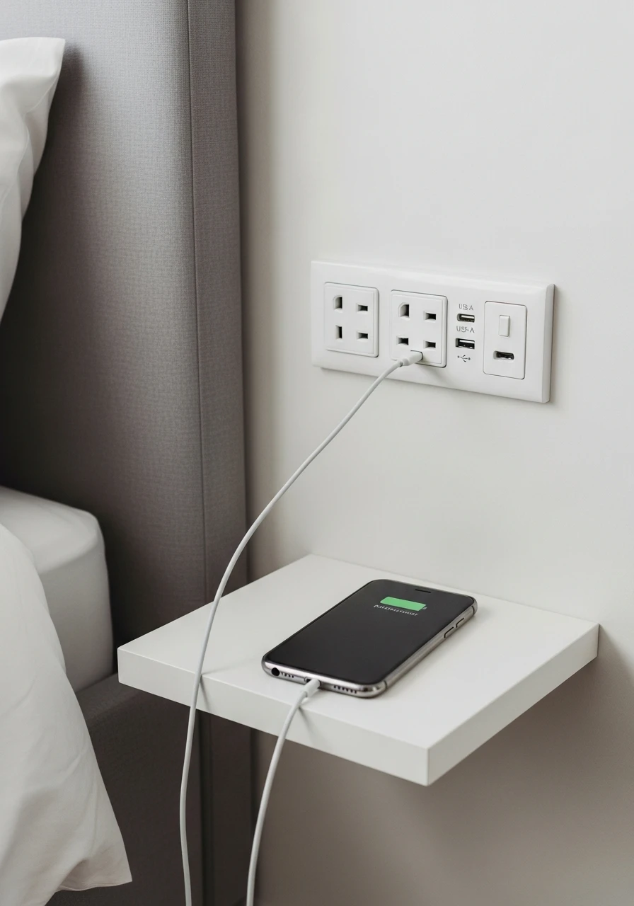 USB Charging Ports - 50 Genius Small Guest Bedroom Ideas That Maximize Space