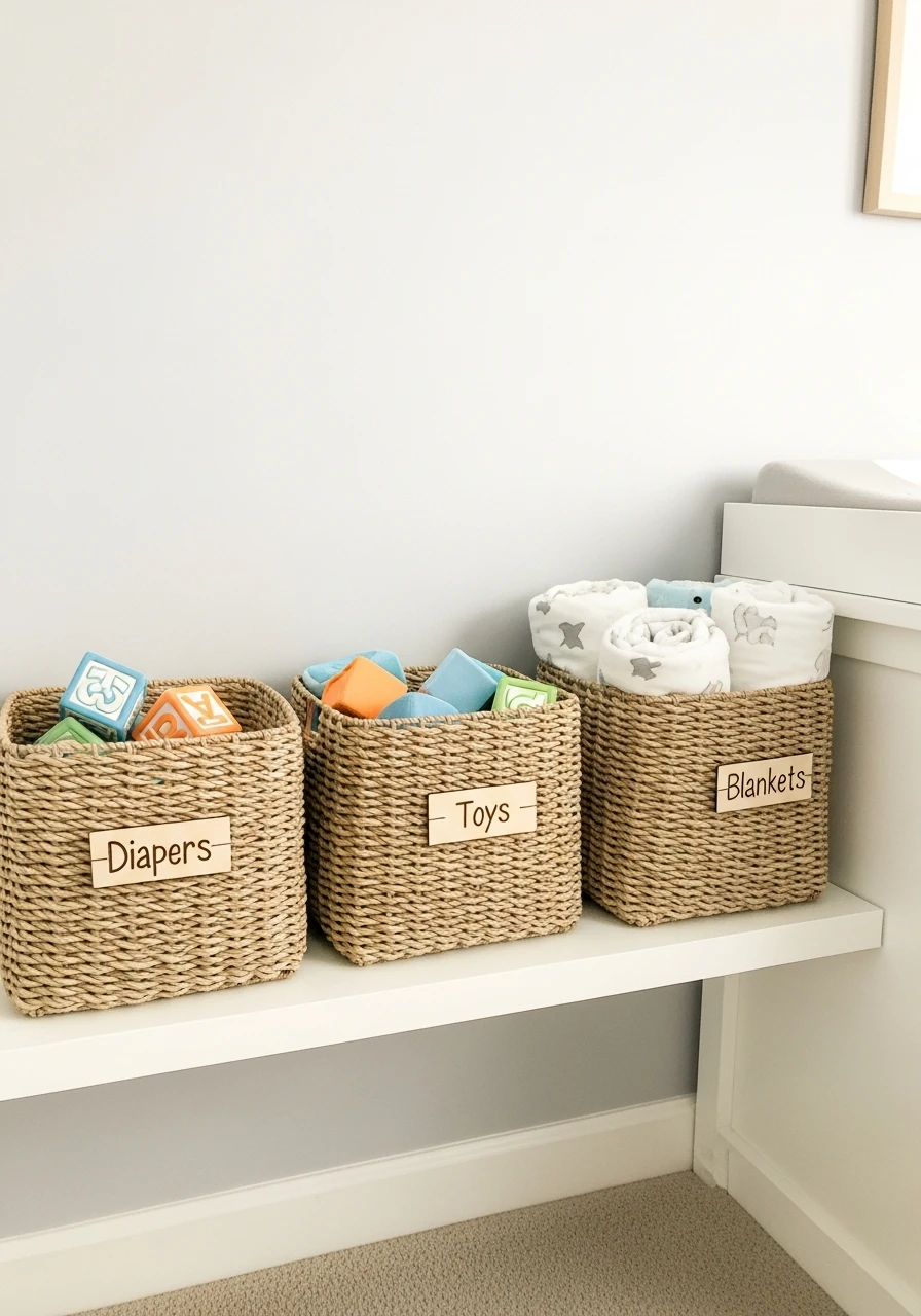Labeled Woven Baskets - 50 Genius Small Nursery Ideas That Maximize Space and Look Expensive