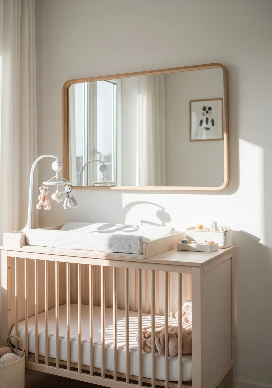Add a Brightening Mirror - 50 Genius Small Nursery Ideas That Maximize Space and Look Expensive