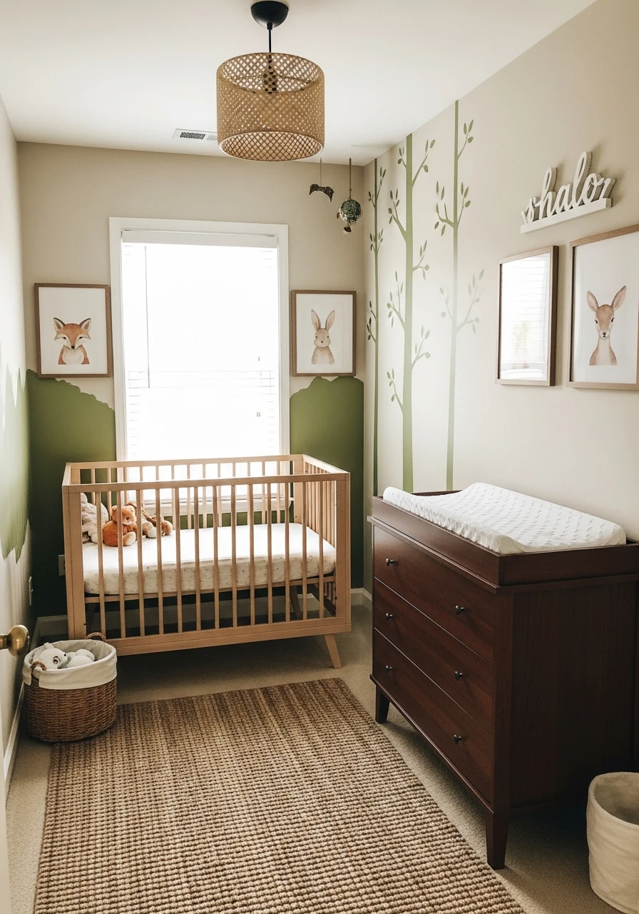 Calming Woodland Theme - 50 Genius Small Nursery Ideas That Maximize Space and Look Expensive