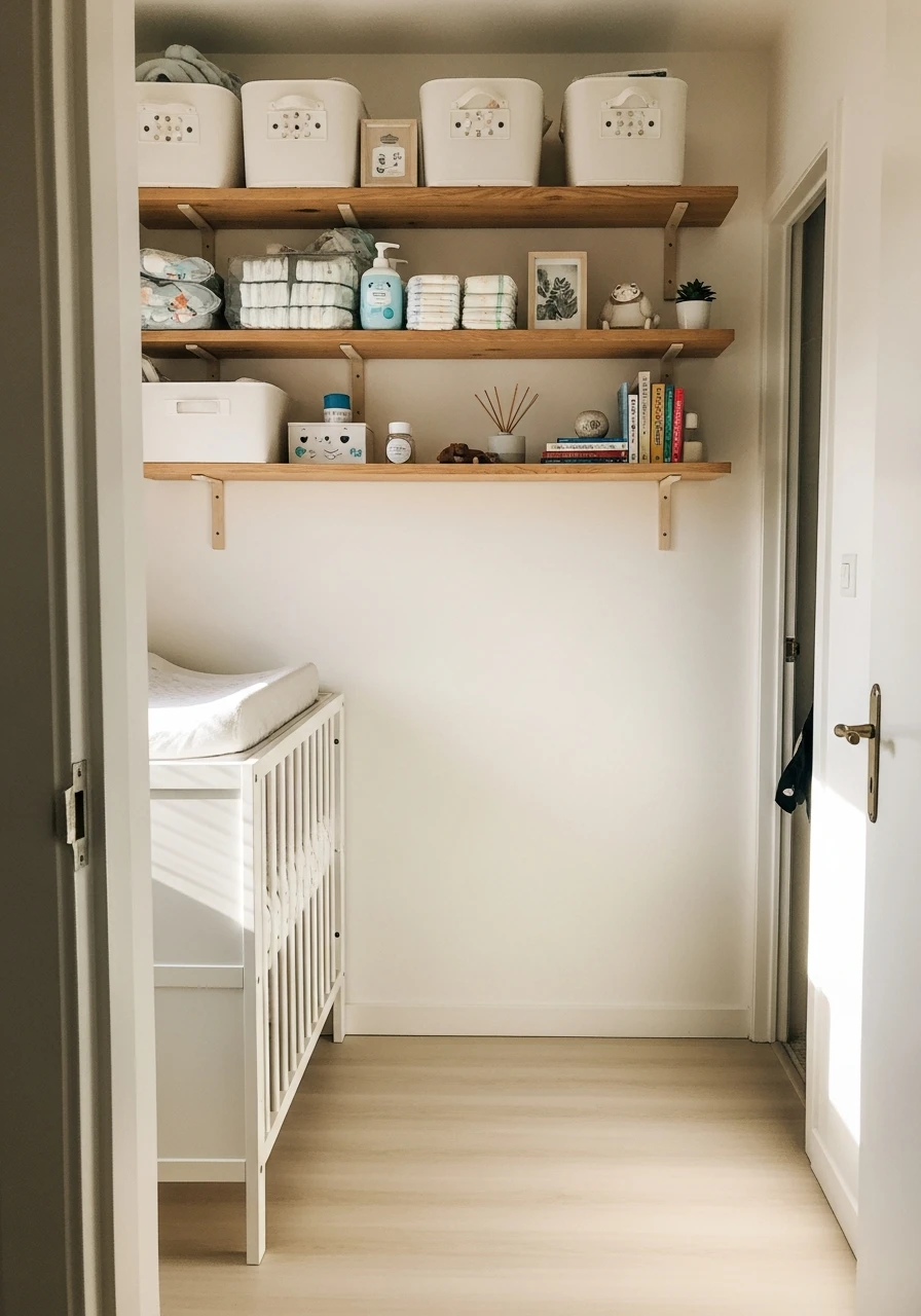 Go Vertical with Shelves - 50 Genius Small Nursery Ideas That Maximize Space and Look Expensive