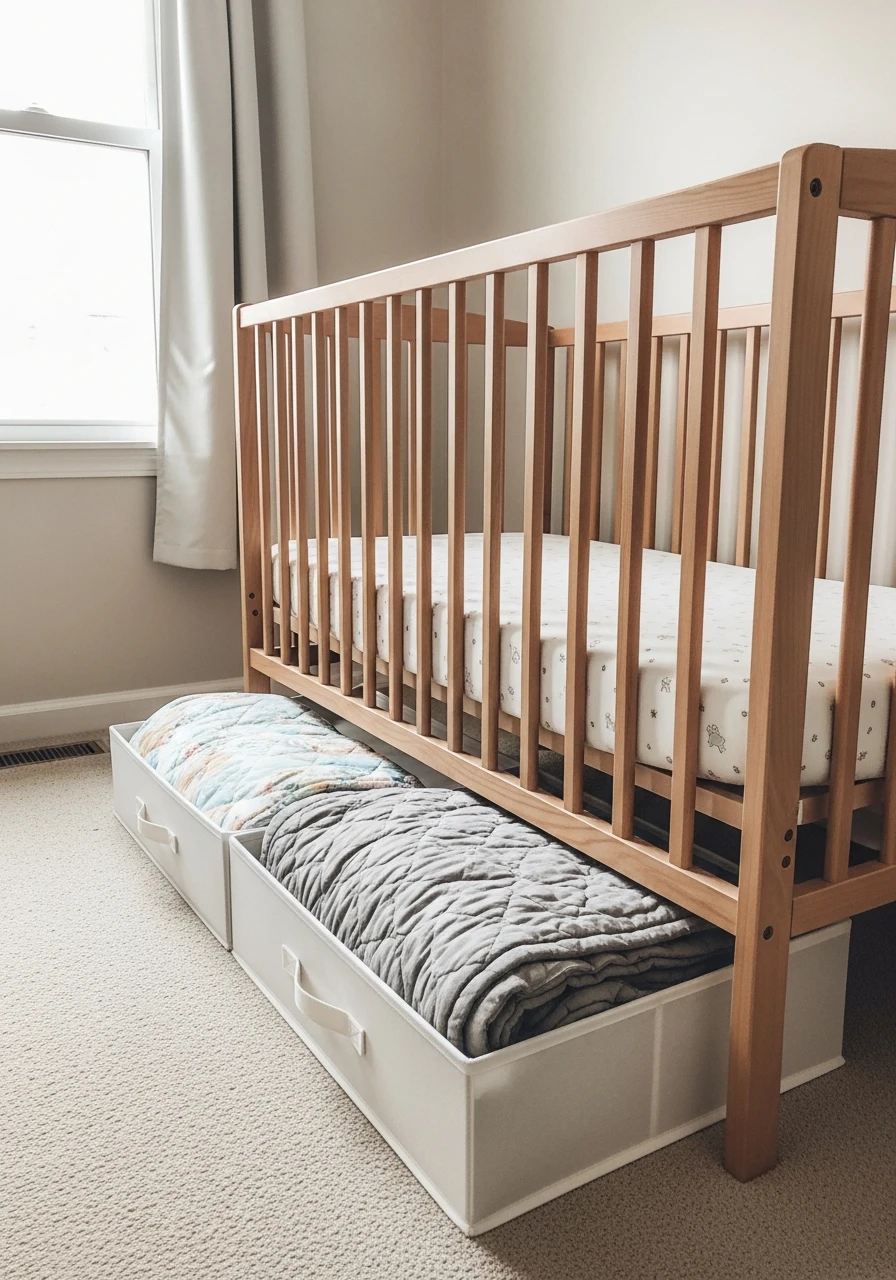 Use Space Under the Crib - 50 Genius Small Nursery Ideas That Maximize Space and Look Expensive