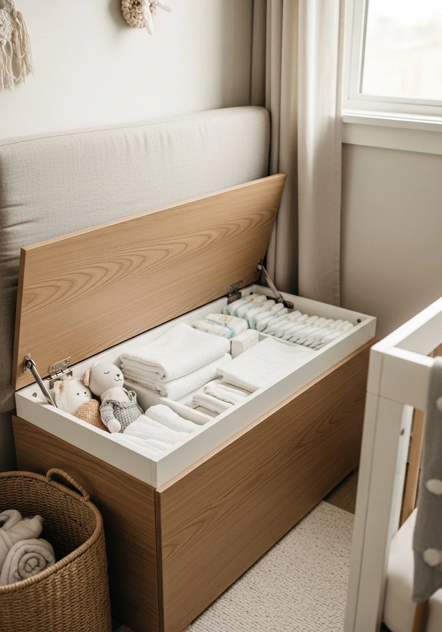 Hidden Storage Bench Seating - 50 Genius Small Nursery Ideas That Maximize Space and Look Expensive