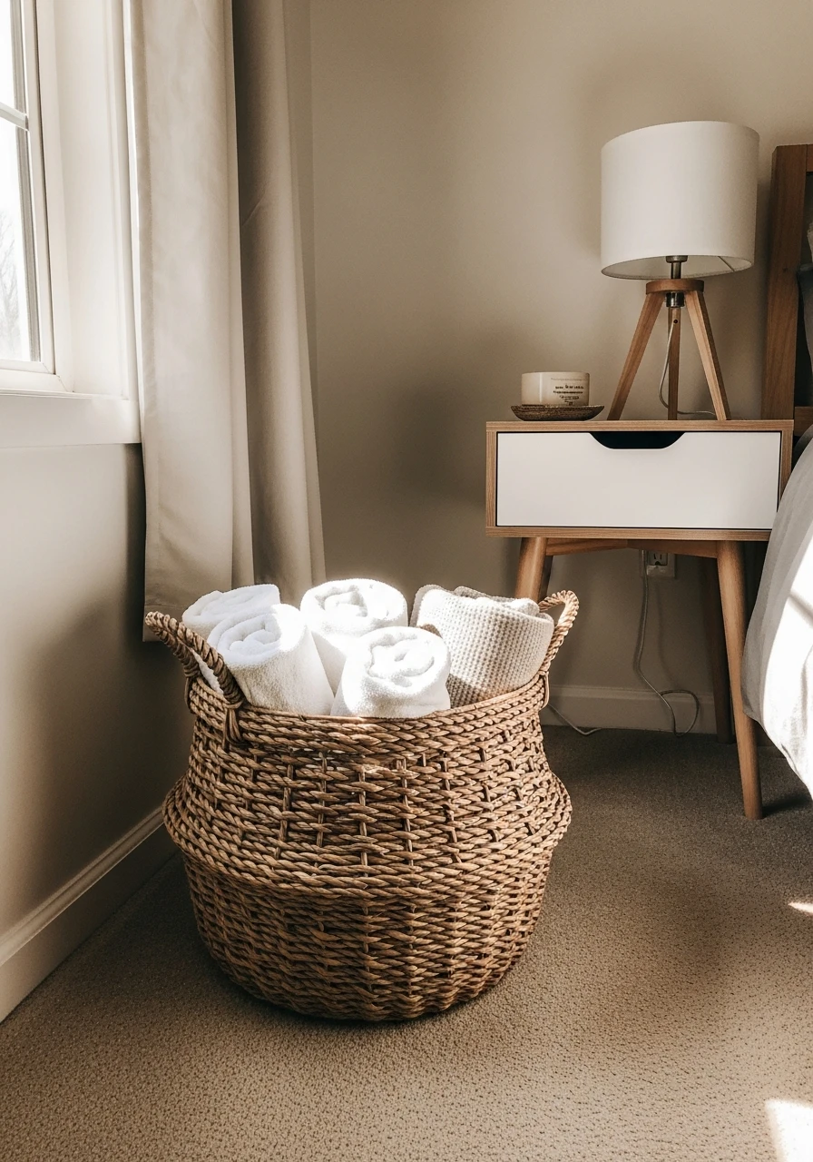 Basket for Belongings - 50 Simple Spare Bedroom Ideas That Look High-End on a Budget