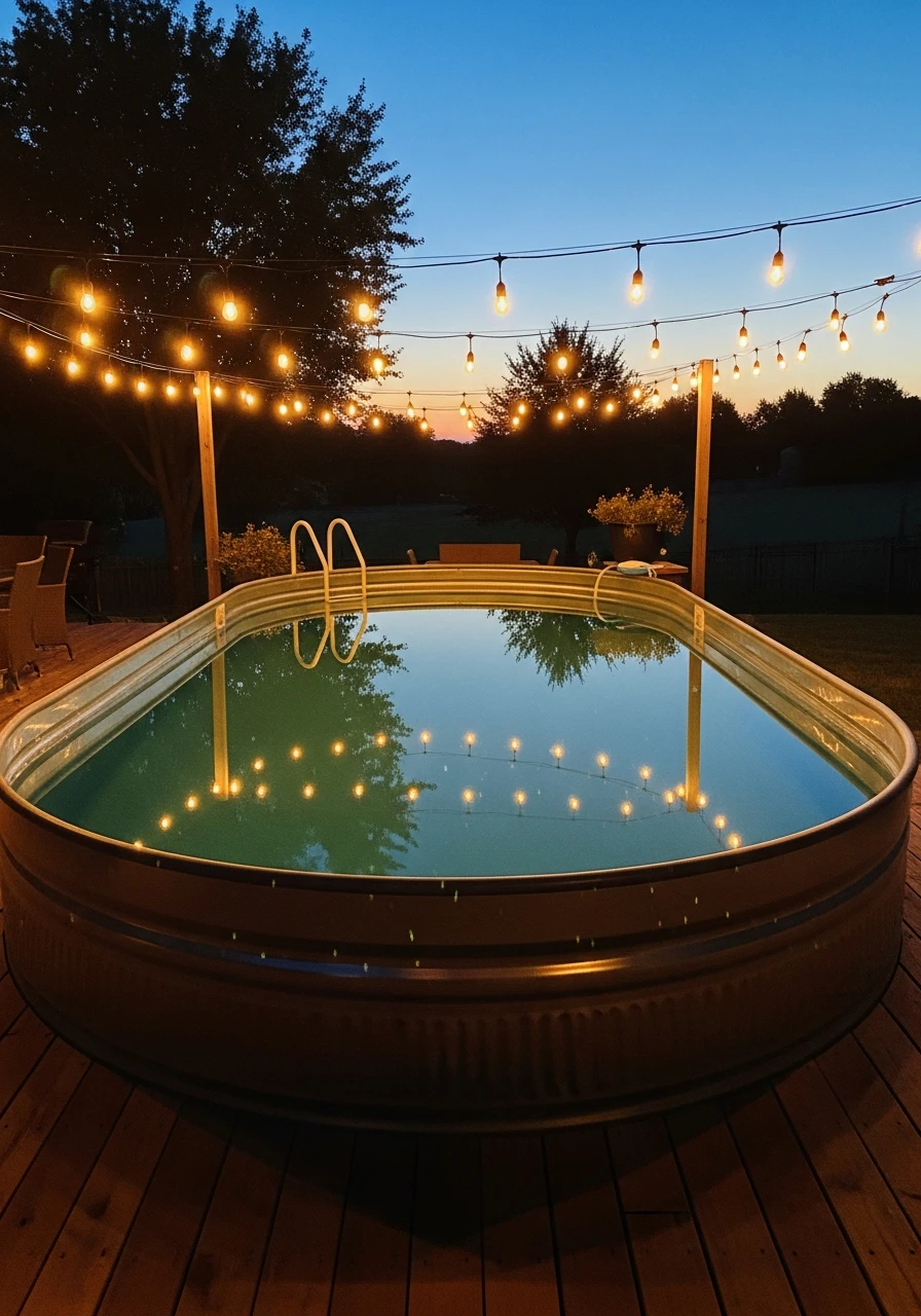 Warm String Light Ambiance - 50 Genius Stock Tank Pool Ideas for a High-End Look on a Budget