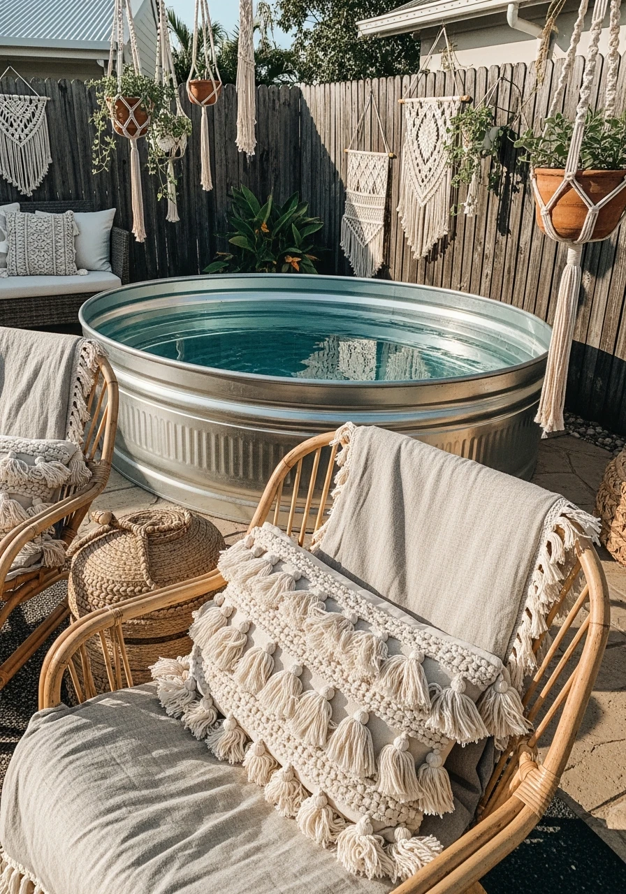 Boho Rattan Lounge - 50 Genius Stock Tank Pool Ideas for a High-End Look on a Budget