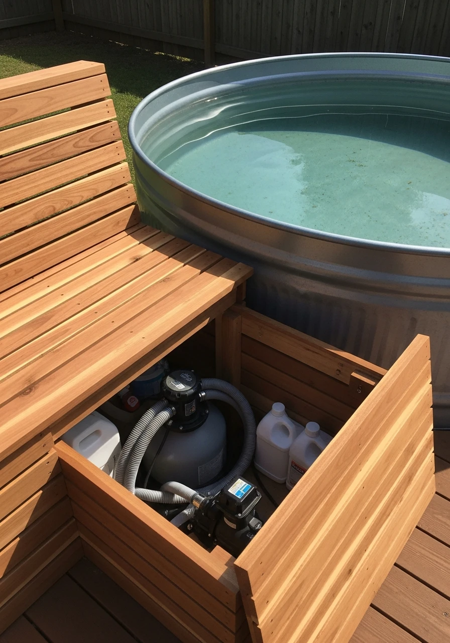 Deck Storage Bench - 50 Genius Stock Tank Pool Ideas for a High-End Look on a Budget