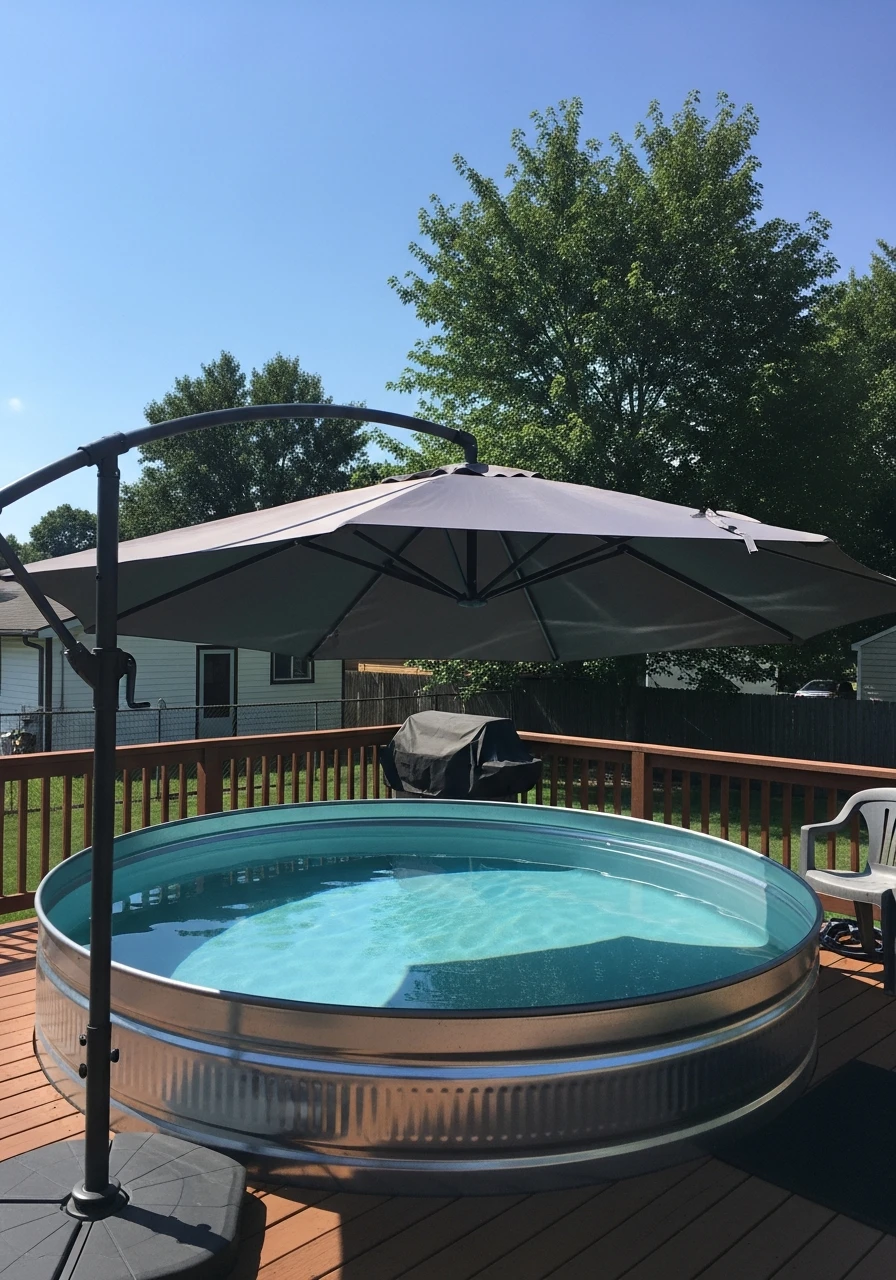Large Sunshade Umbrella - 50 Genius Stock Tank Pool Ideas for a High-End Look on a Budget