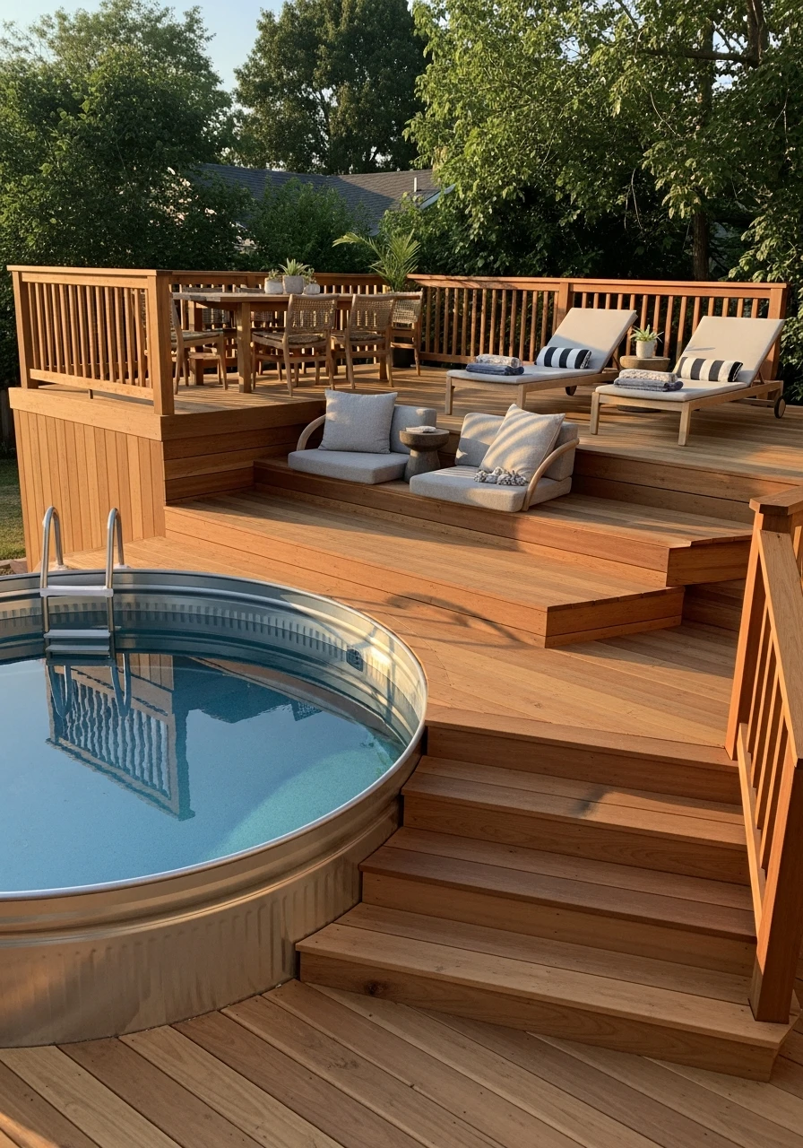 Multi-Level Decking - 50 Genius Stock Tank Pool Ideas for a High-End Look on a Budget