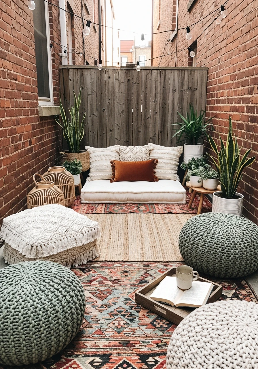 Boho Floor Cushion Hangout - 40 Stylish Townhouse Backyard Ideas That Look High-End