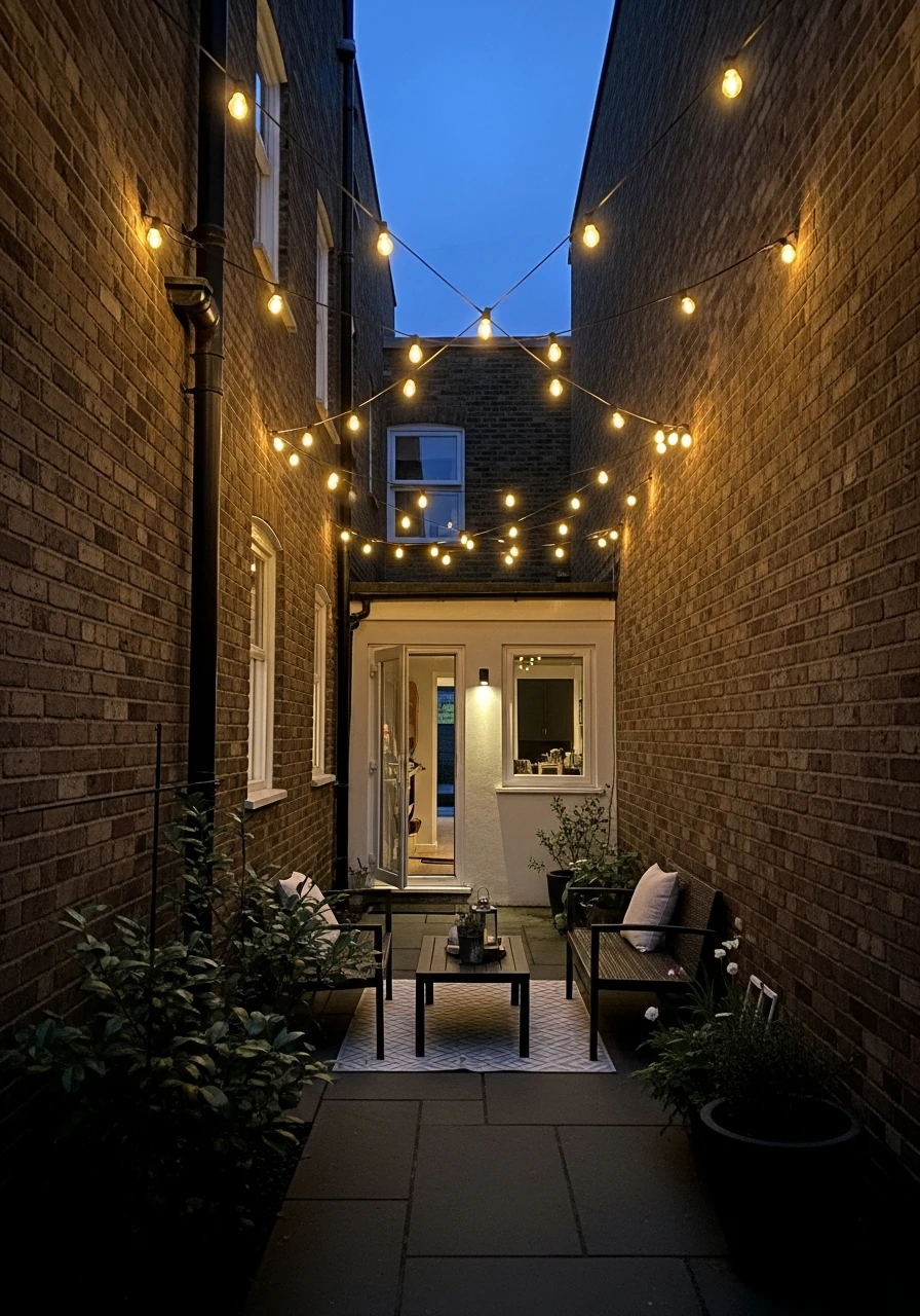 String-Light Party Patio - 40 Stylish Townhouse Backyard Ideas That Look High-End
