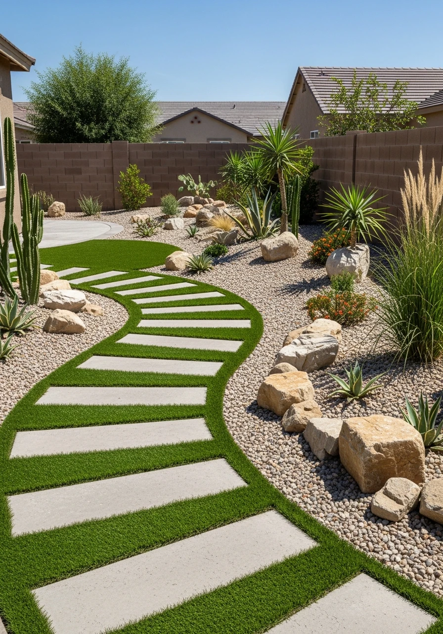 Turf Pathway Through Rock Garden