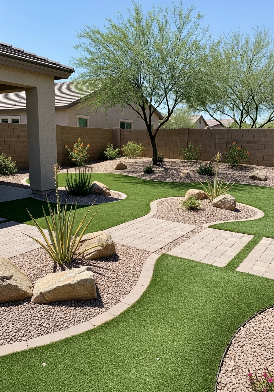 Low-Maintenance Desert Rock and Turf Yard
